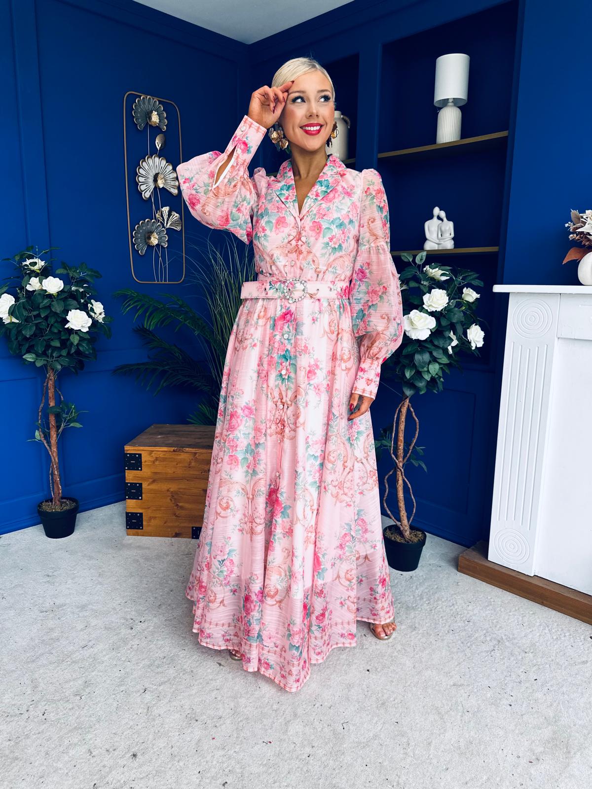 Evelyn Detailed Midi Shirt Dress Floral Pink