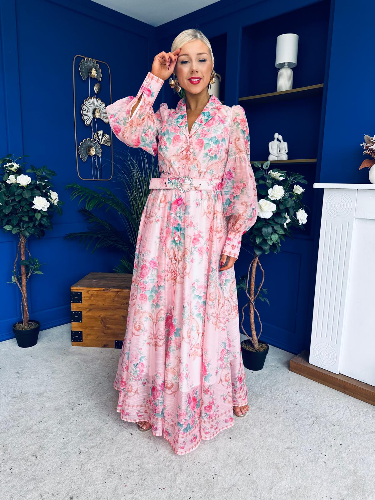 Evelyn Detailed Midi Shirt Dress Floral Pink