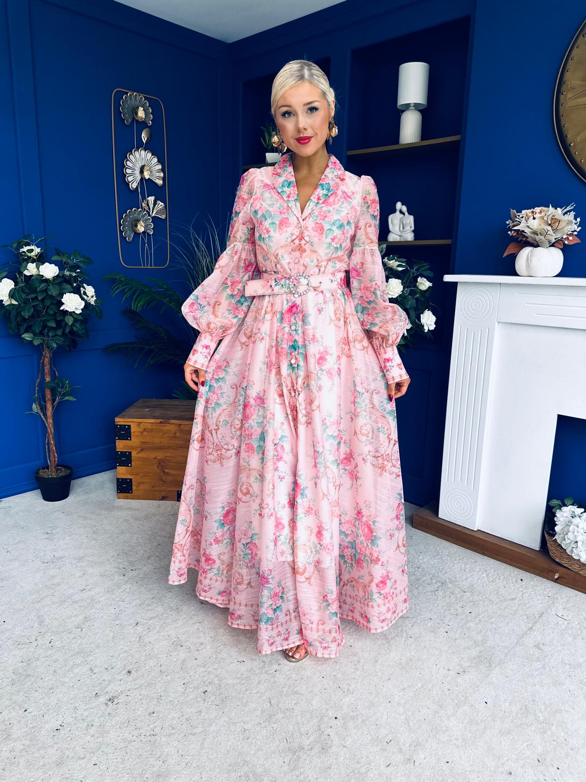 Evelyn Detailed Midi Shirt Dress Floral Pink