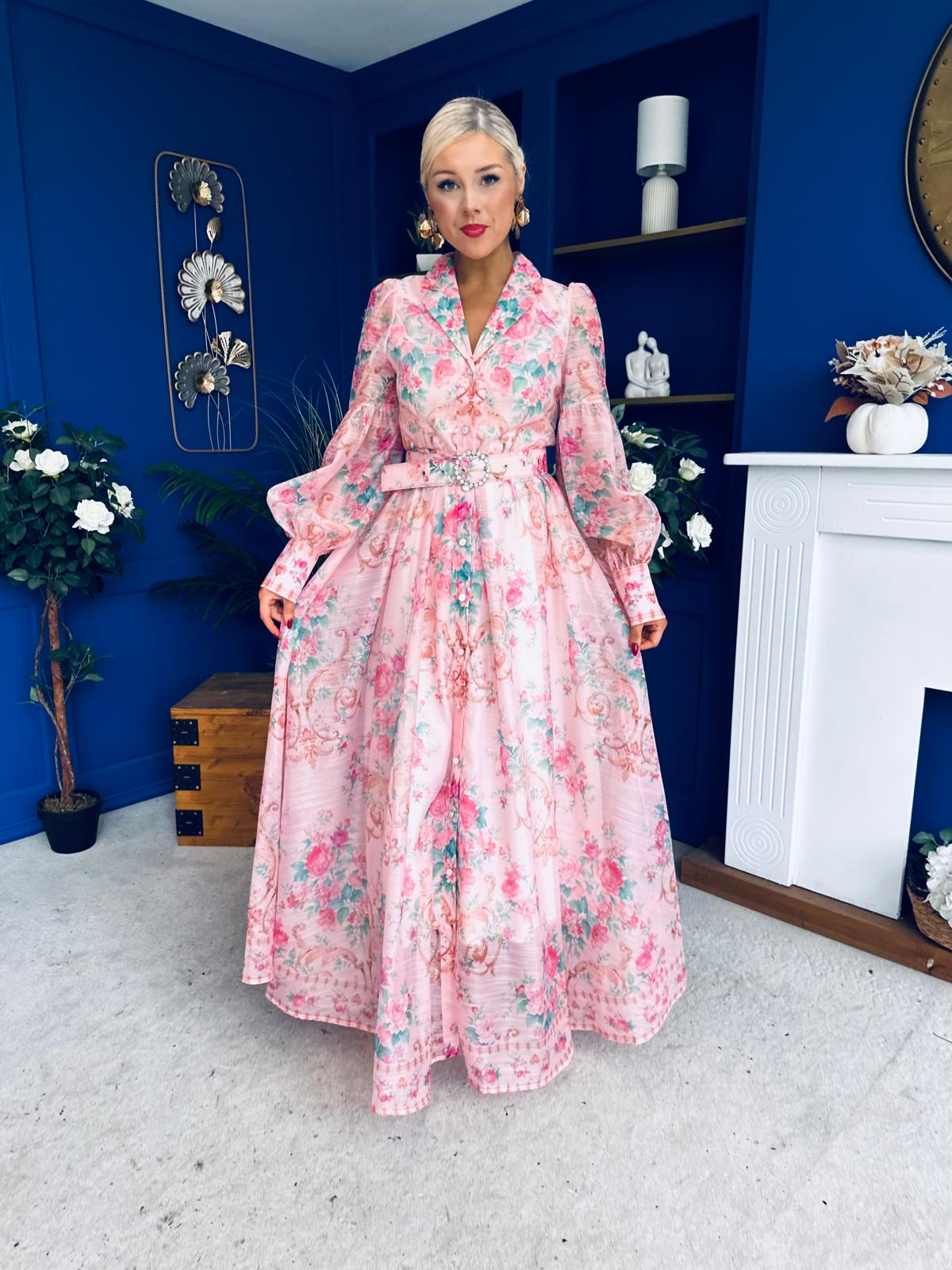 Evelyn Detailed Midi Shirt Dress Floral Pink