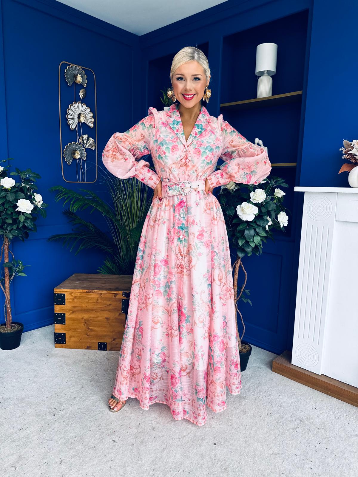 Evelyn Detailed Midi Shirt Dress Floral Pink