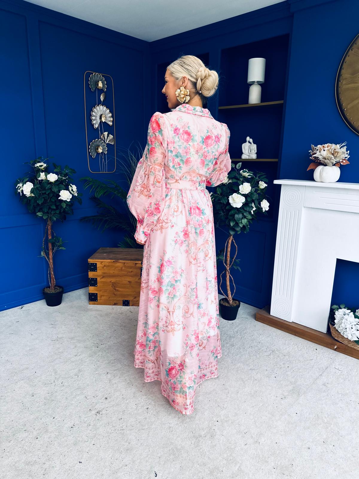 Evelyn Detailed Midi Shirt Dress Floral Pink