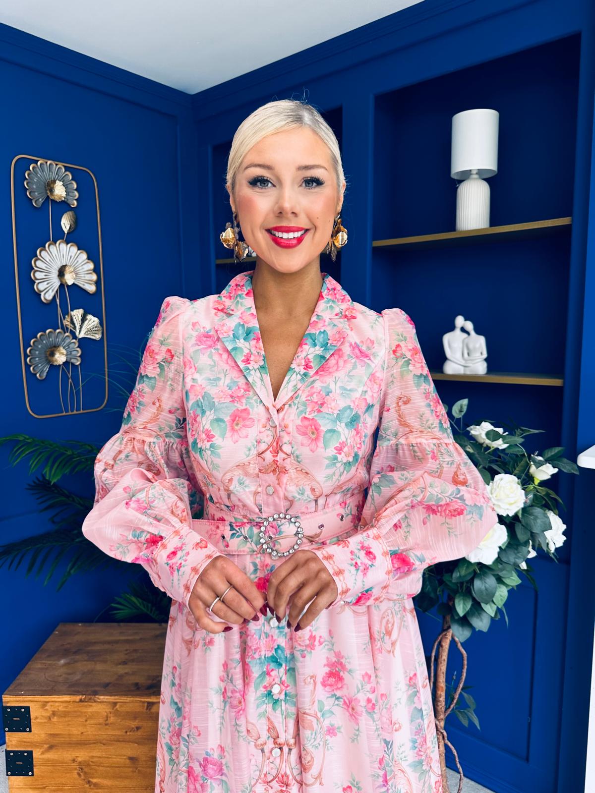 Evelyn Detailed Midi Shirt Dress Floral Pink