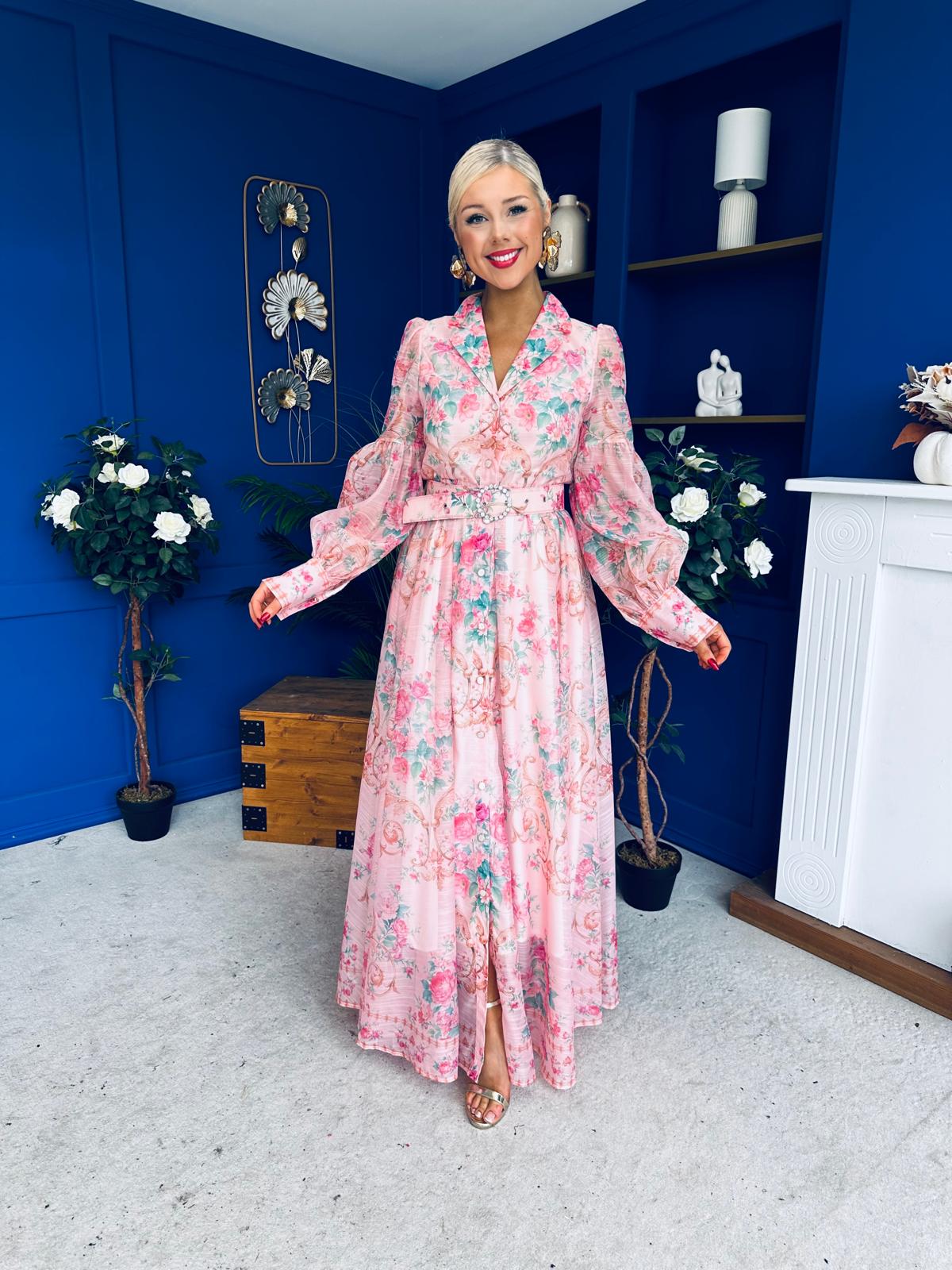 Evelyn Detailed Midi Shirt Dress Floral Pink