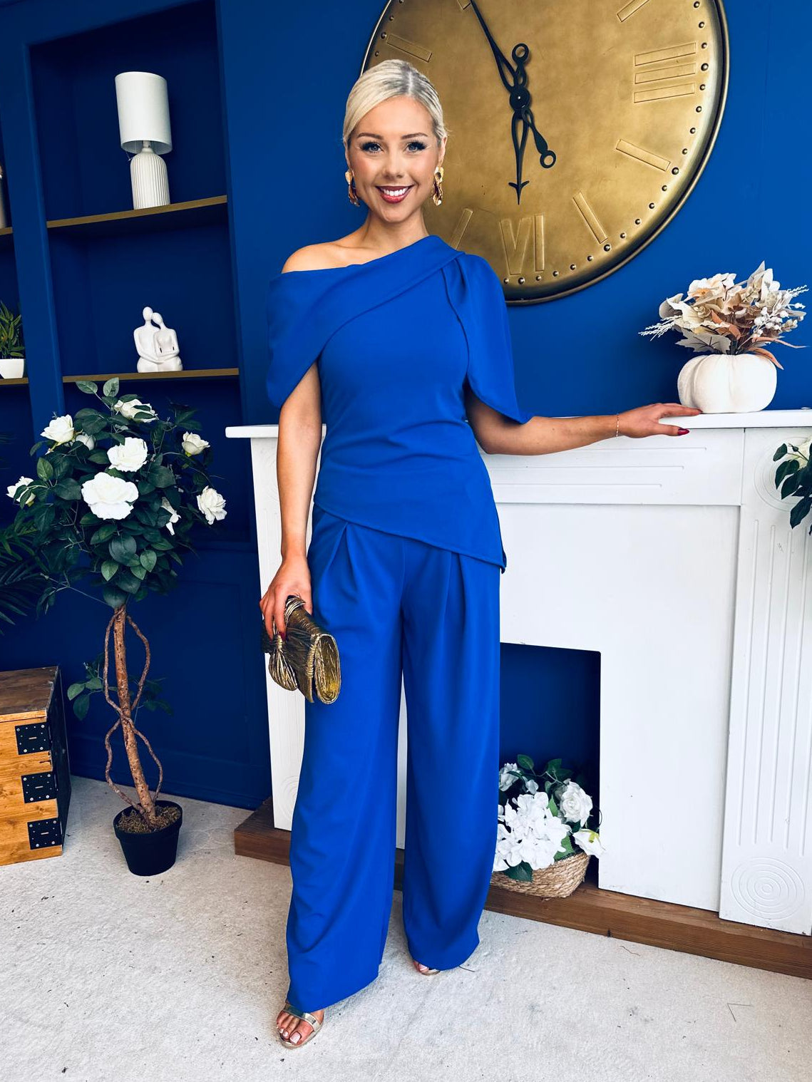 Isabella Detailed Top And Trouser Set Cobalt