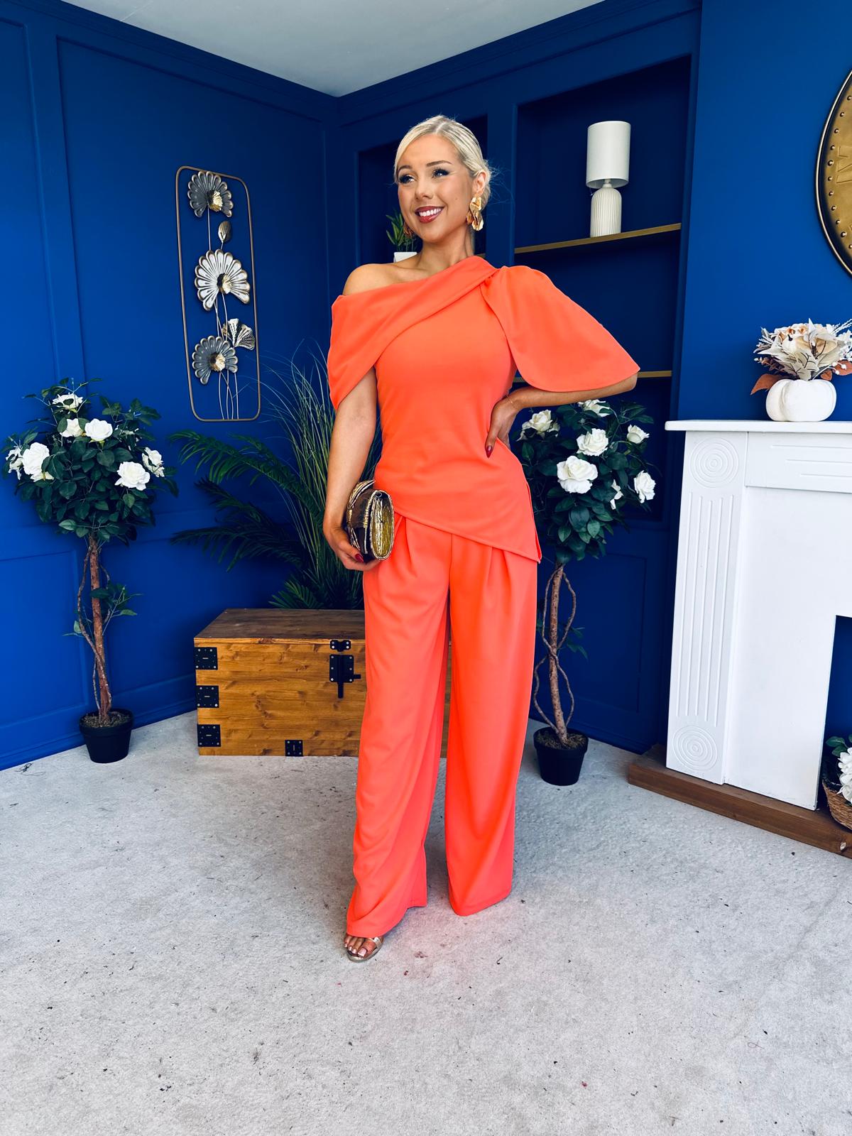 Isabella Detailed Top And Trouser Set Coral