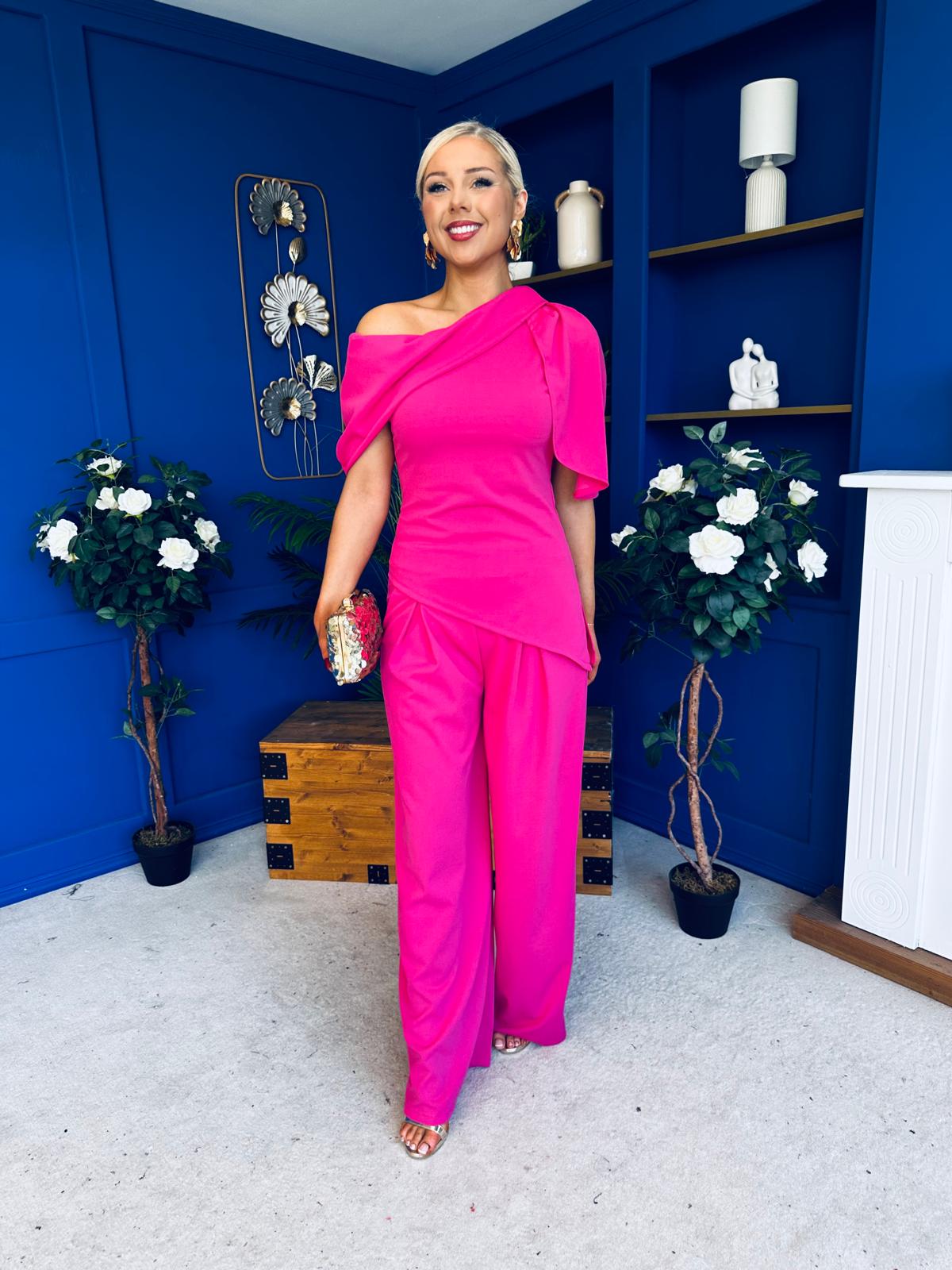 Isabella Detailed Top And Trouser Set Fuchsia