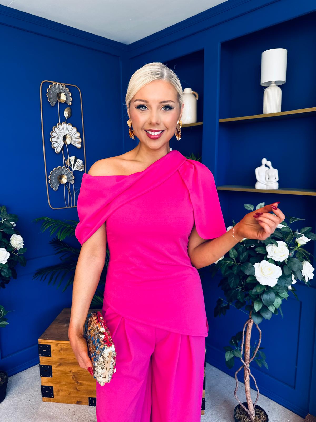 Isabella Detailed Top And Trouser Set Fuchsia