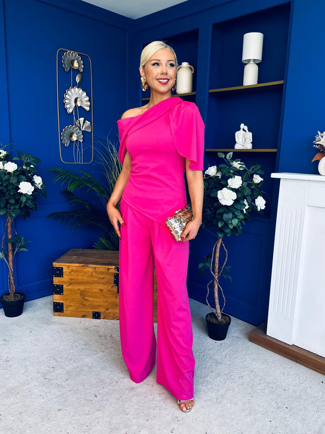 Isabella Detailed Top And Trouser Set Fuchsia