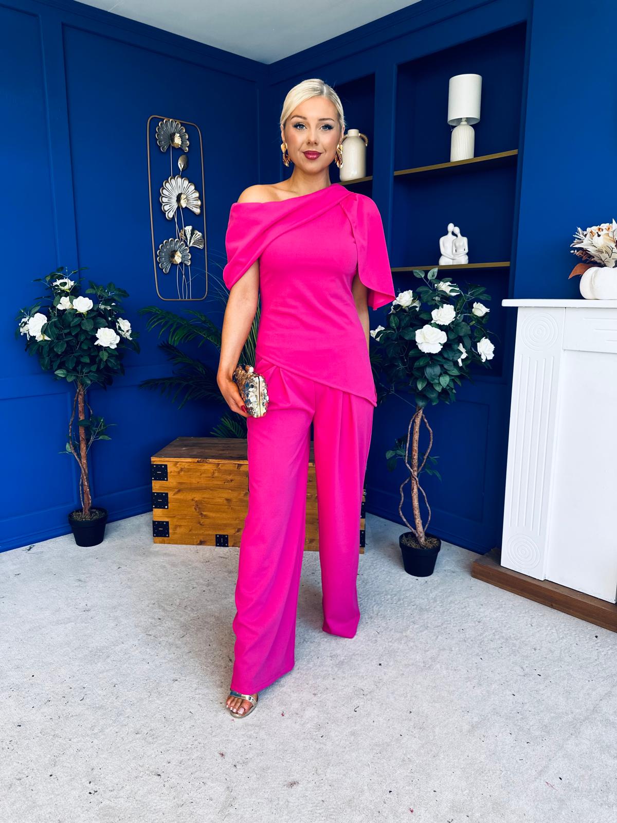 Isabella Detailed Top And Trouser Set Fuchsia