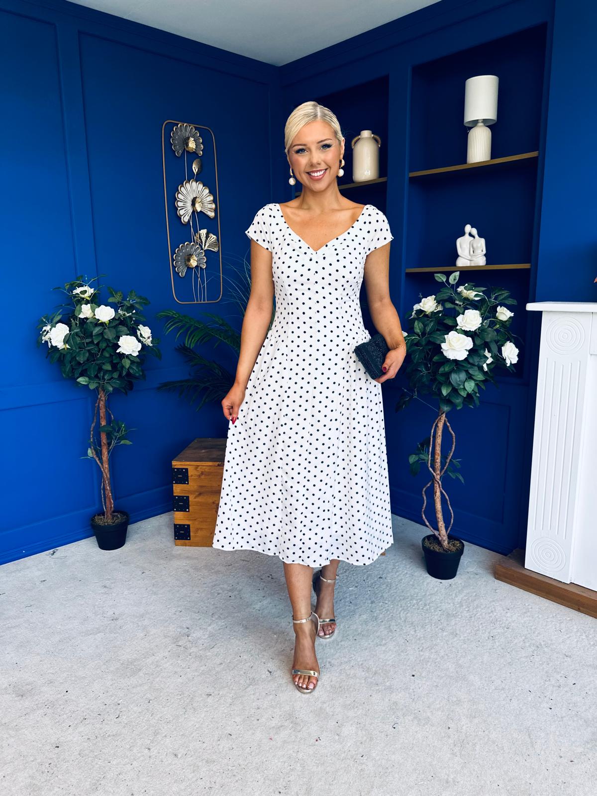 Ebby Pleated Bust Strappy Midi Dress Polka White