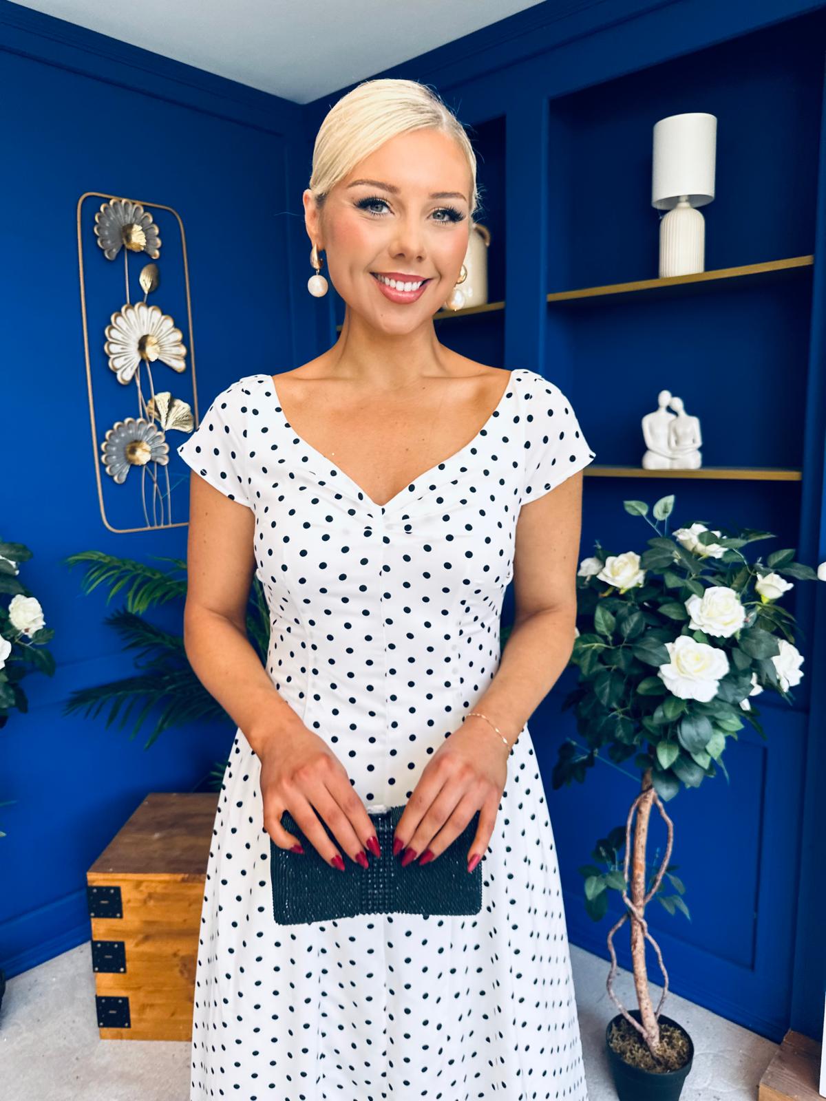 Ebby Pleated Bust Strappy Midi Dress Polka White