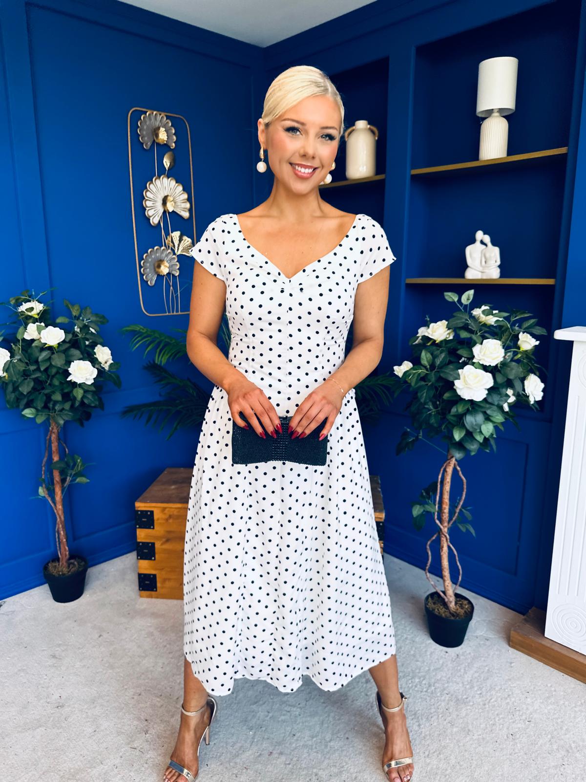 Ebby Pleated Bust Strappy Midi Dress Polka White