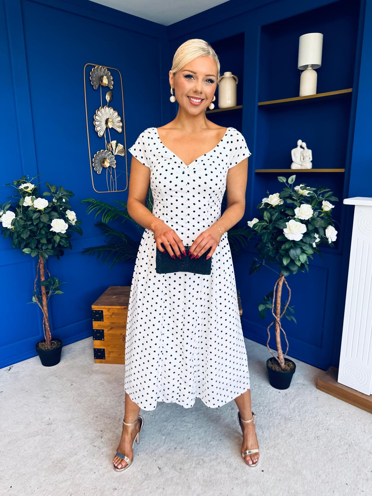 Ebby Pleated Bust Strappy Midi Dress Polka White