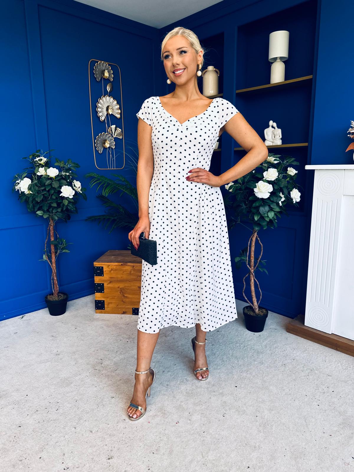 Ebby Pleated Bust Strappy Midi Dress Polka White