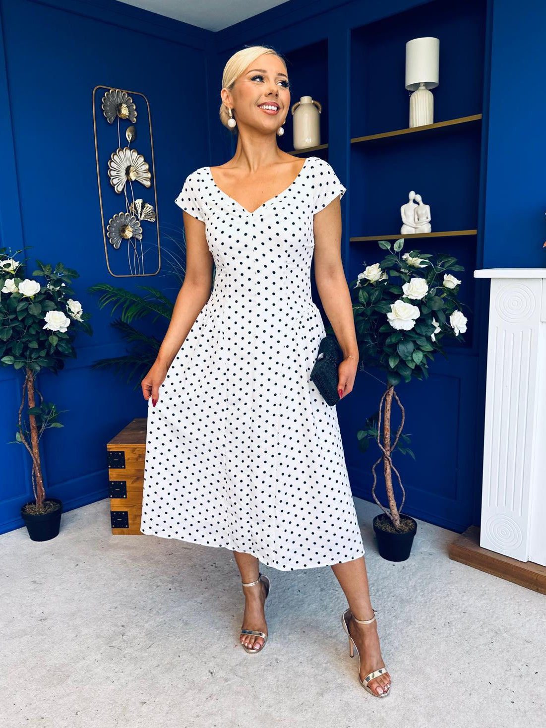 Ebby Pleated Bust Strappy Midi Dress Polka White