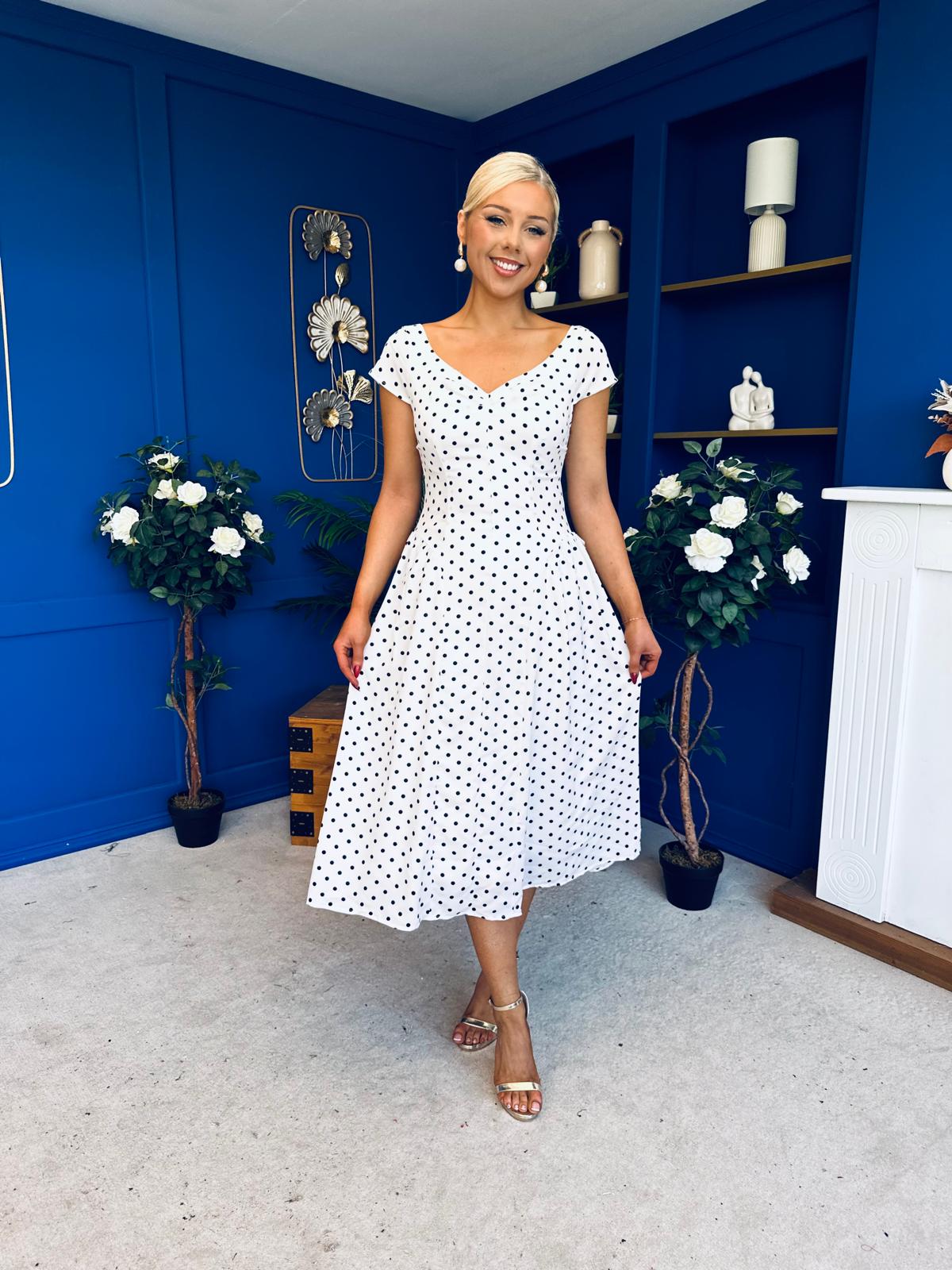 Ebby Pleated Bust Strappy Midi Dress Polka White