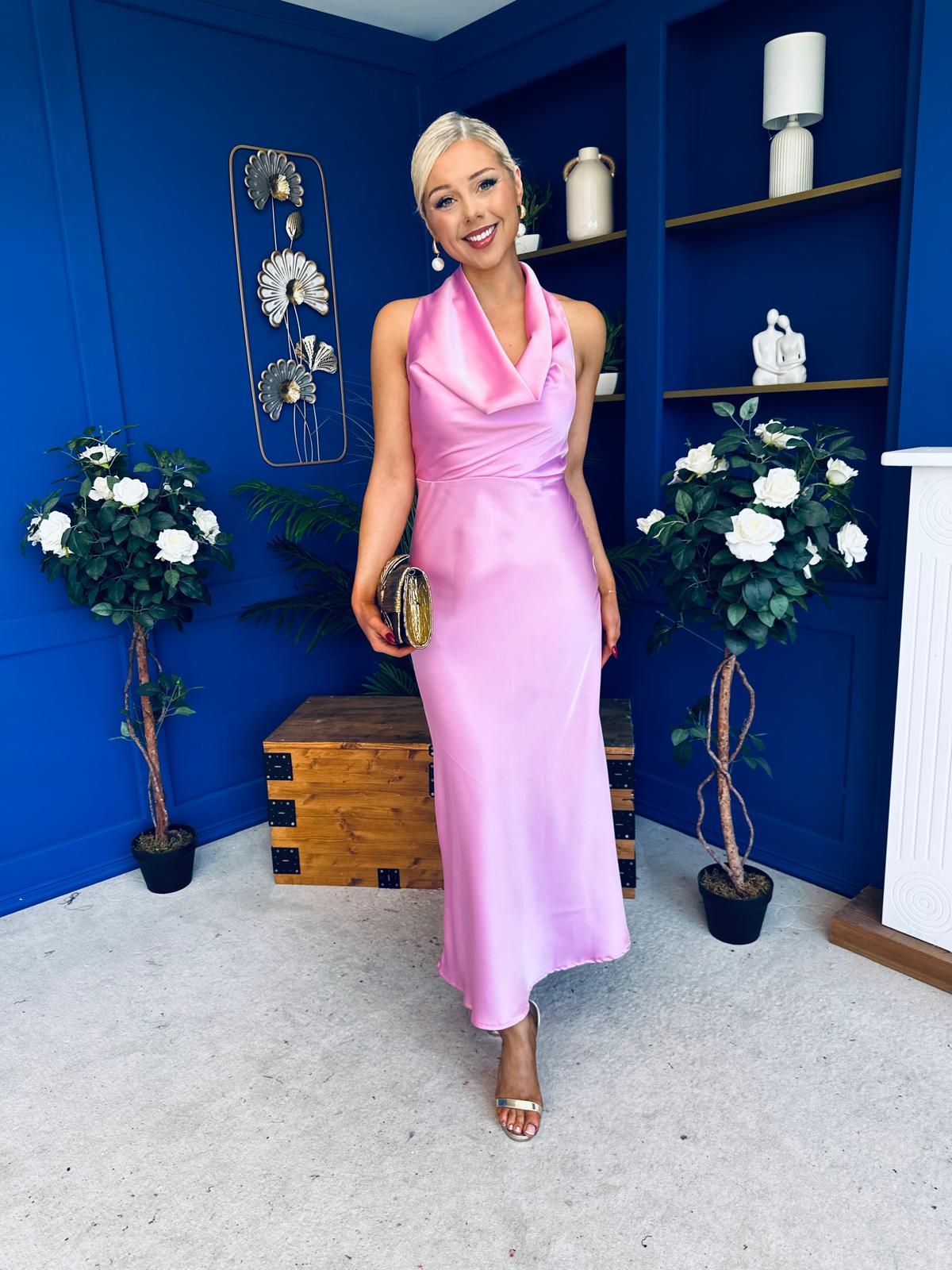 Henri Cowl Neck Satin Dress Pink