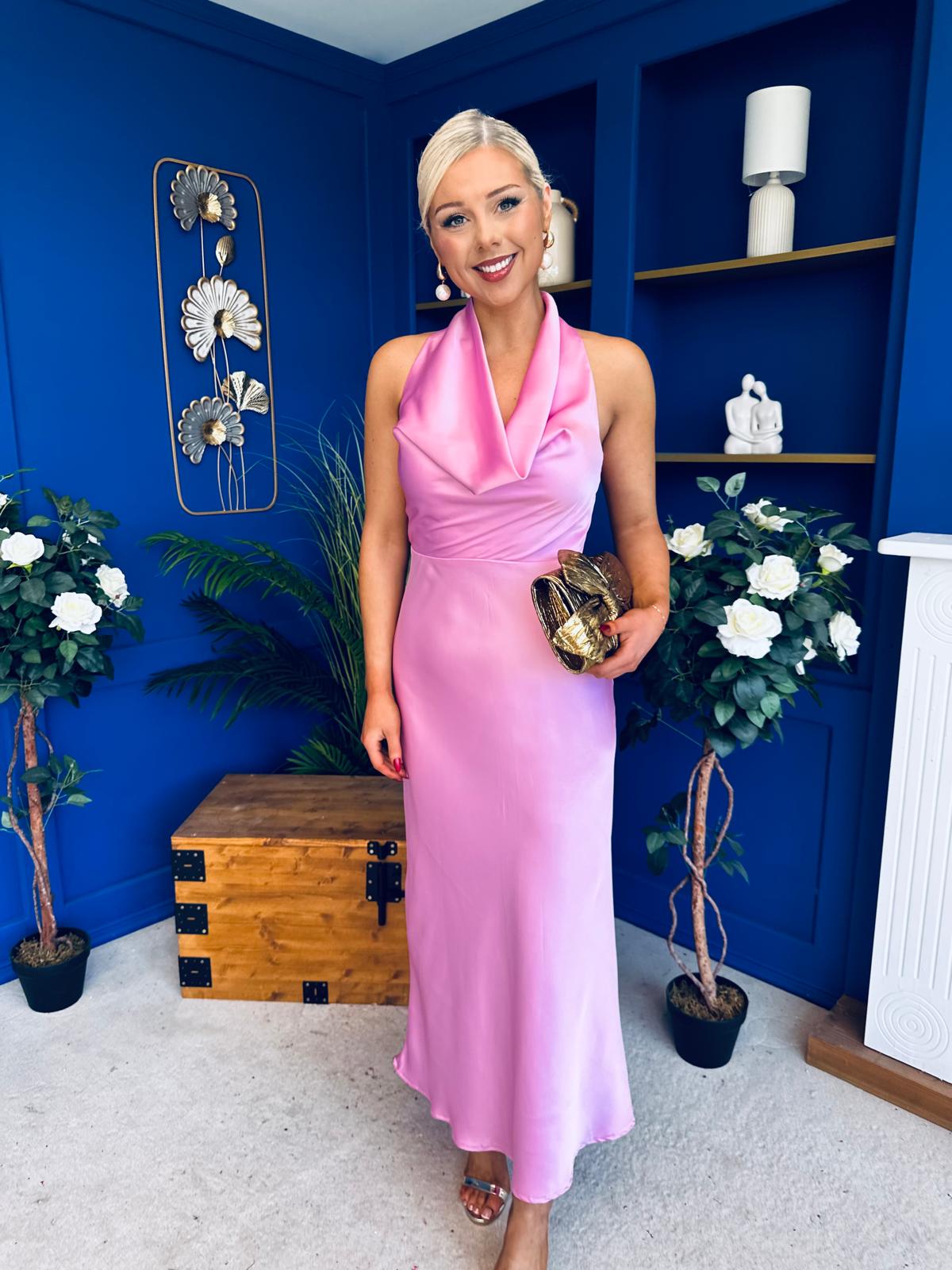 Henri Cowl Neck Satin Dress Pink