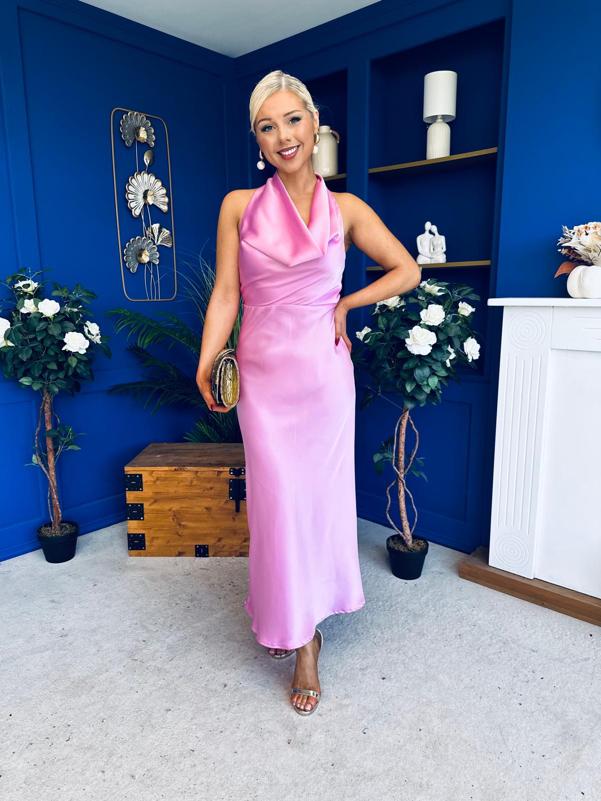Henri Cowl Neck Satin Dress Pink