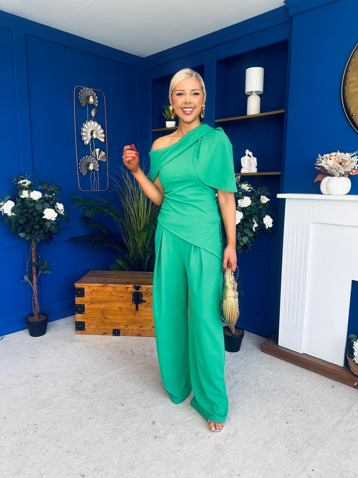 Isabella Detailed Top And Trouser Set Emerald