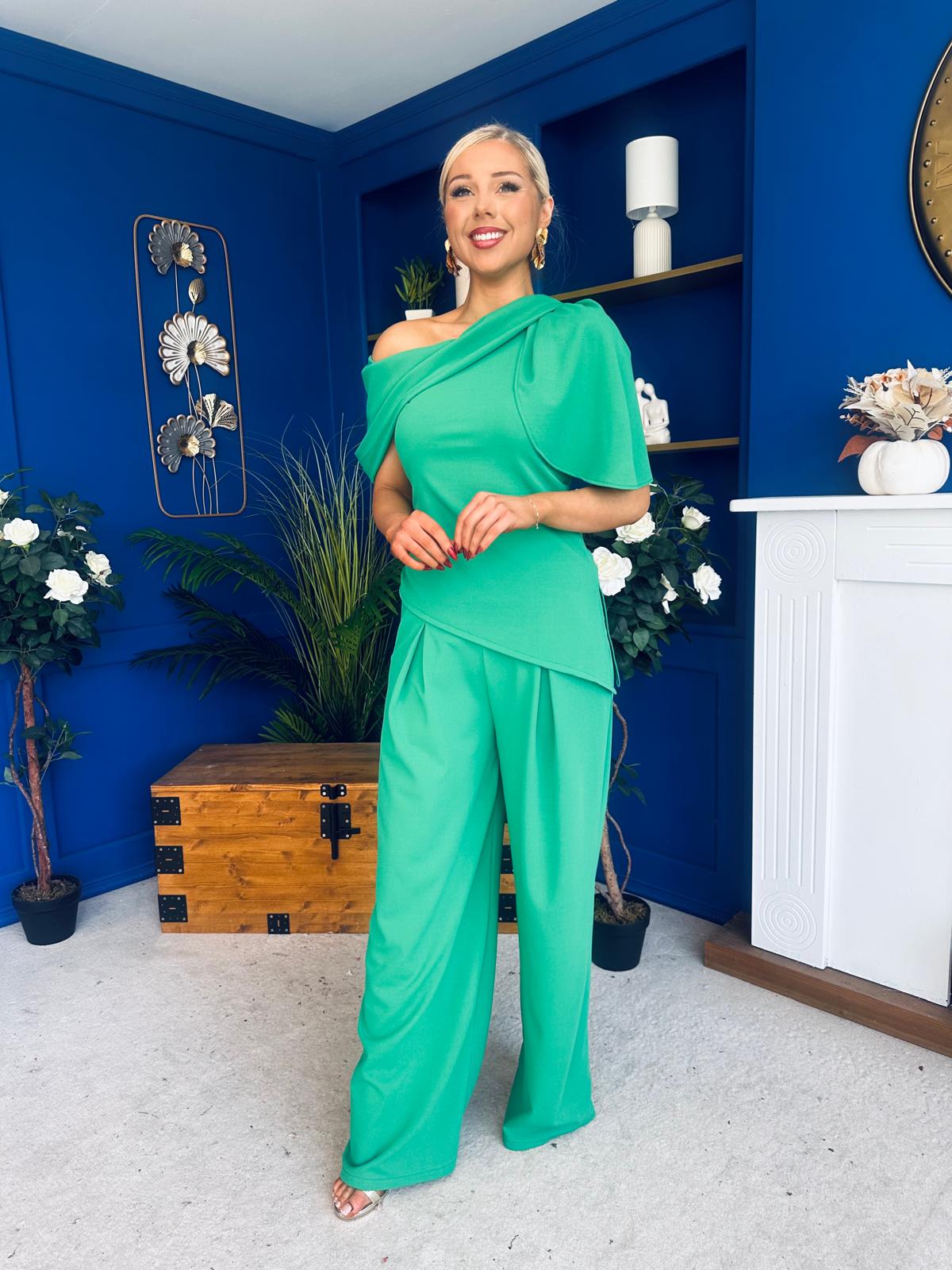Isabella Detailed Top And Trouser Set Emerald