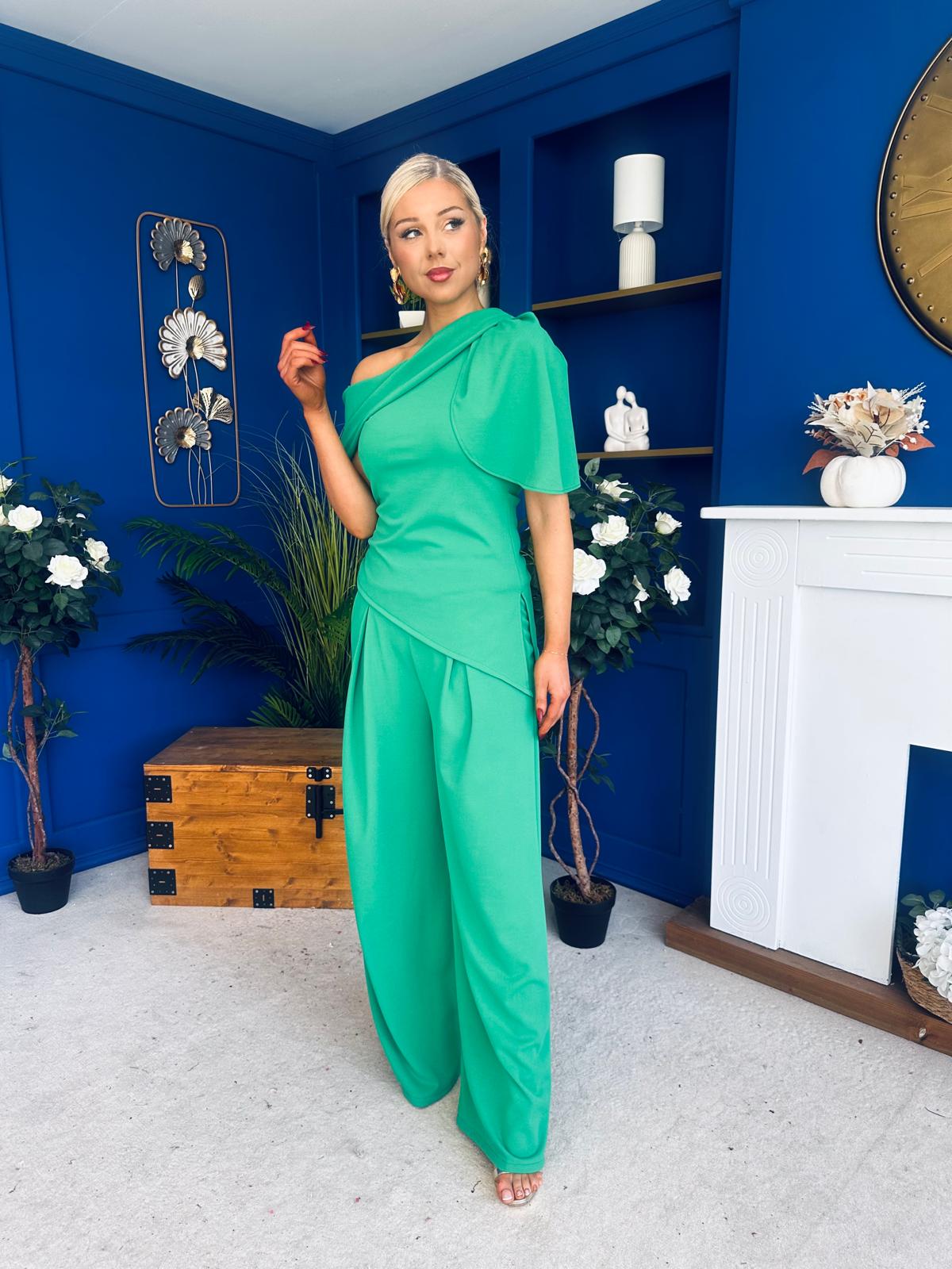 Isabella Detailed Top And Trouser Set Emerald