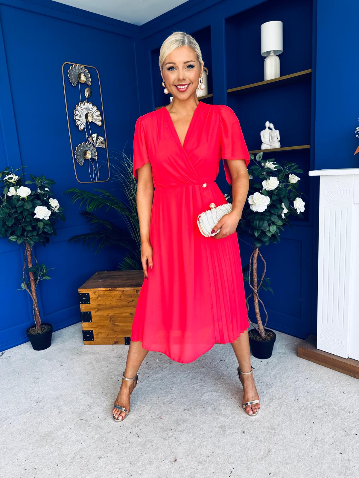 Mabel Pleat Detail Midi Dress Coral