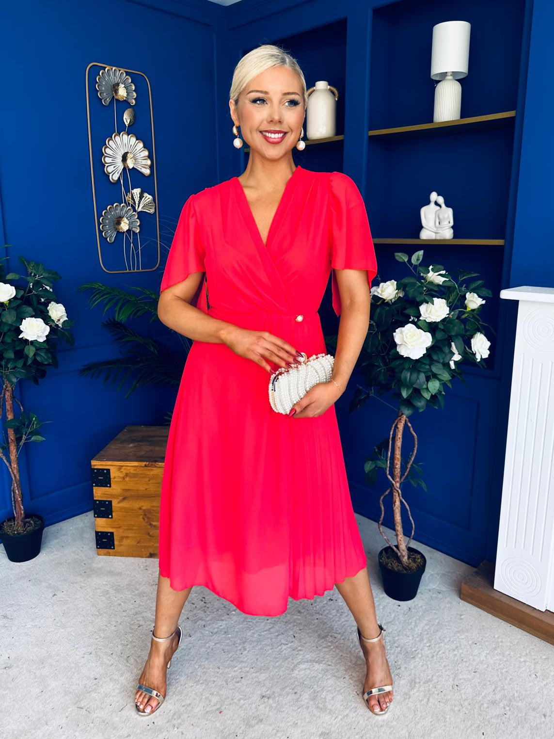 Mabel Pleat Detail Midi Dress Coral