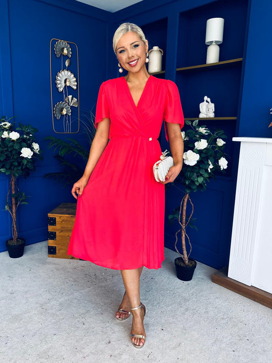 Mabel Pleat Detail Midi Dress Coral