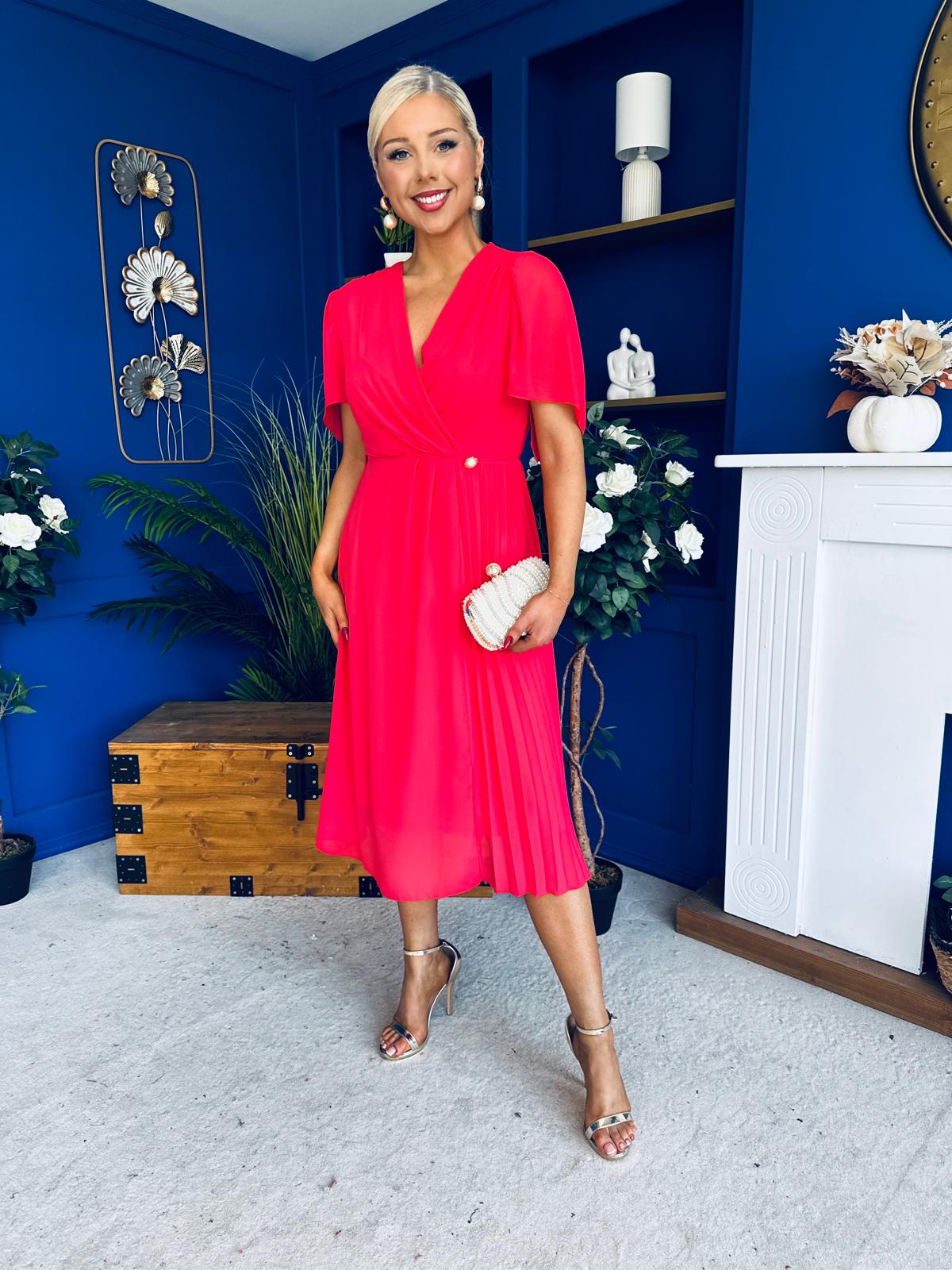 Mabel Pleat Detail Midi Dress Coral