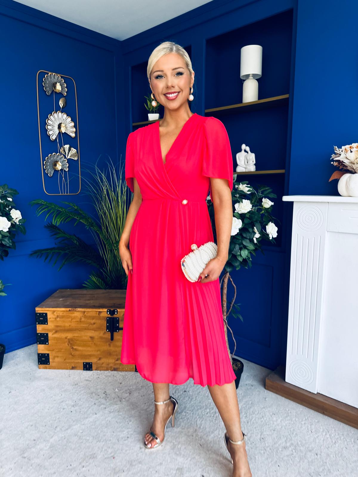 Mabel Pleat Detail Midi Dress Coral