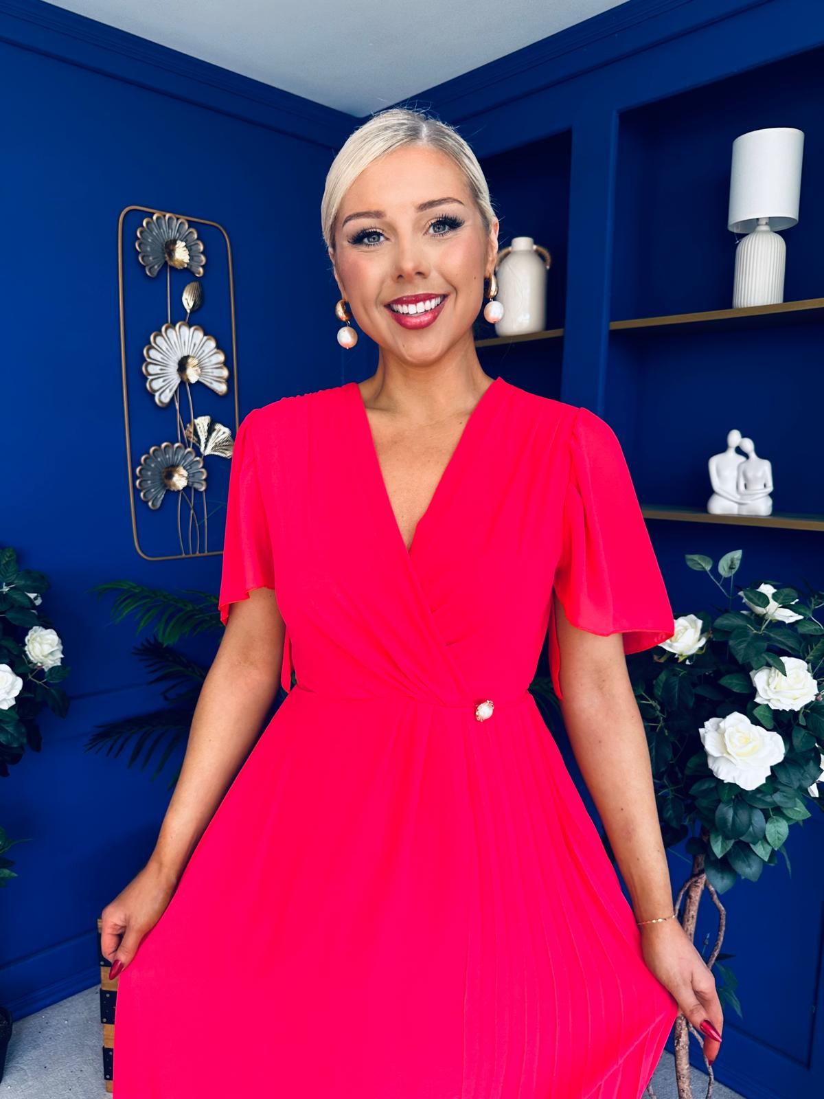 Mabel Pleat Detail Midi Dress Coral