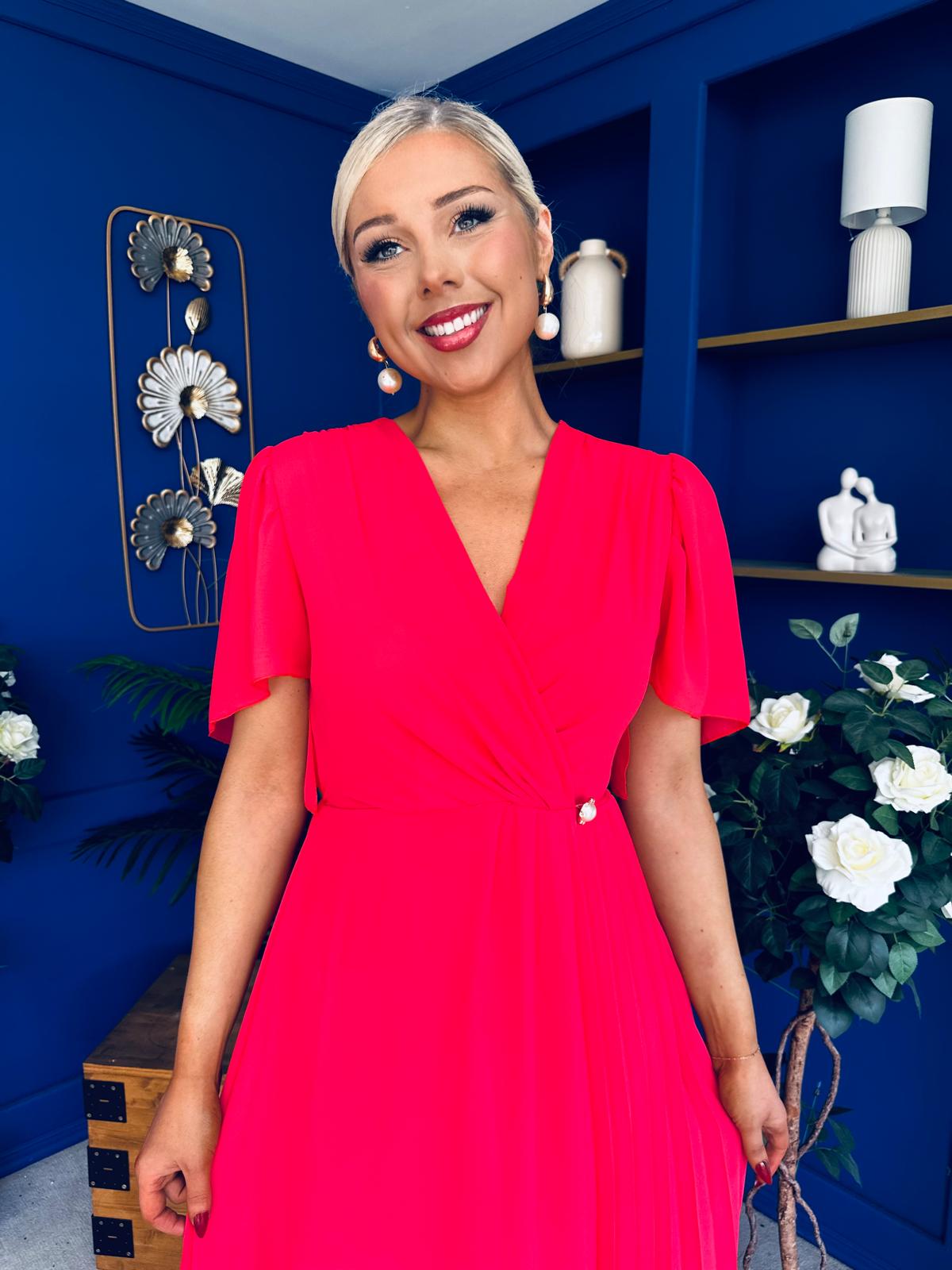 Mabel Pleat Detail Midi Dress Coral