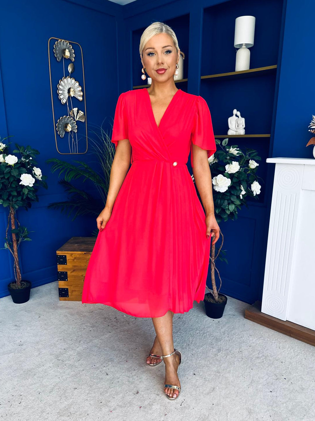 Mabel Pleat Detail Midi Dress Coral