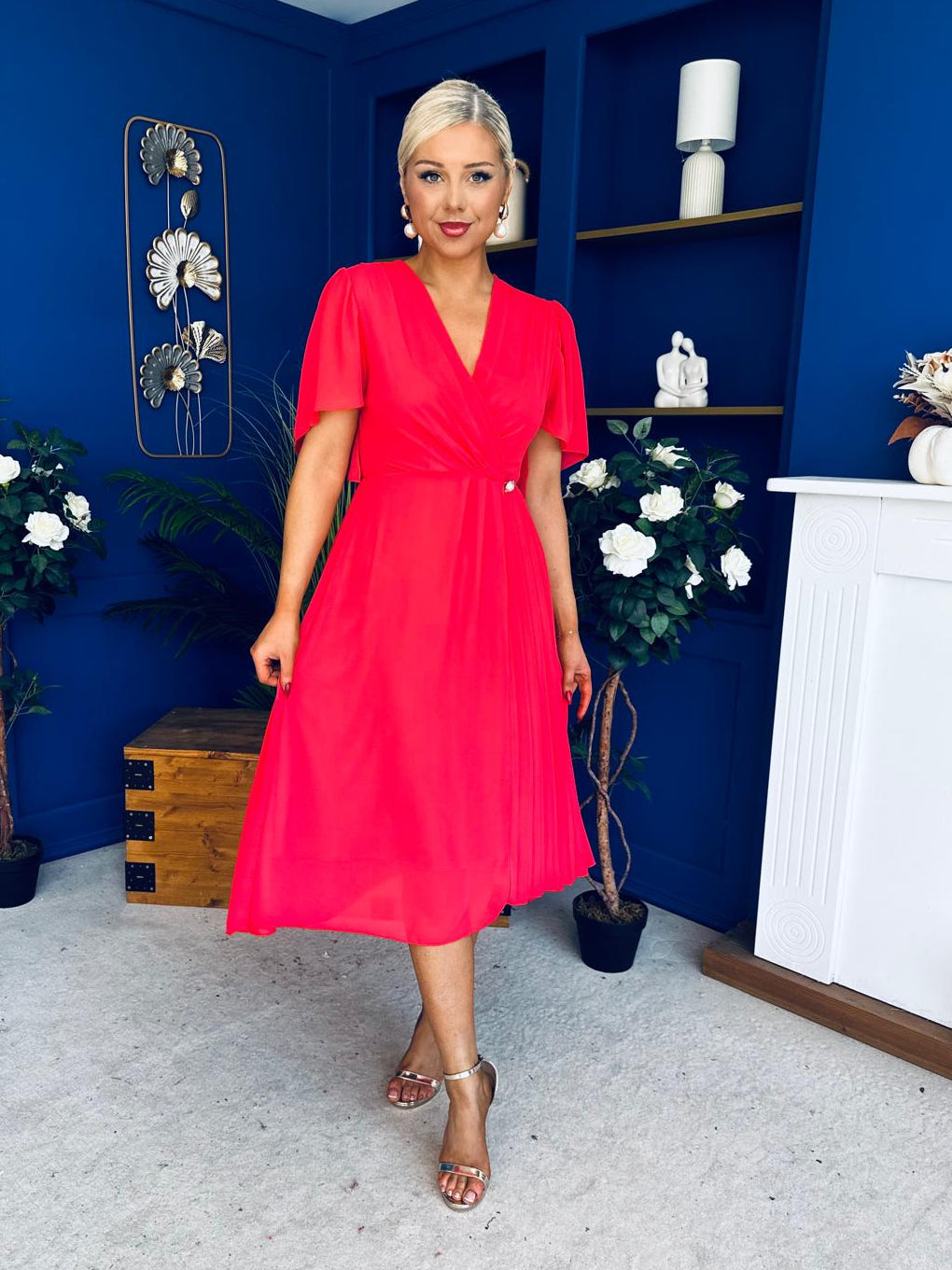 Mabel Pleat Detail Midi Dress Coral