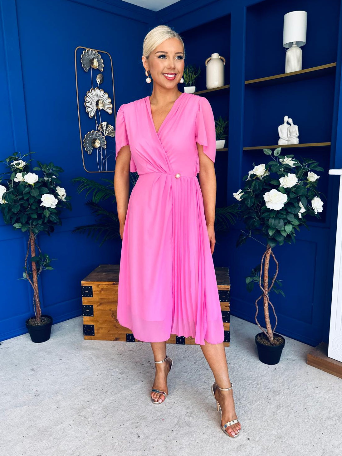 Mabel Pleat Detail Midi Dress Cerise