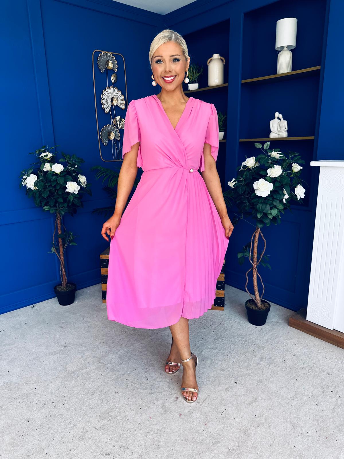 Mabel Pleat Detail Midi Dress Cerise