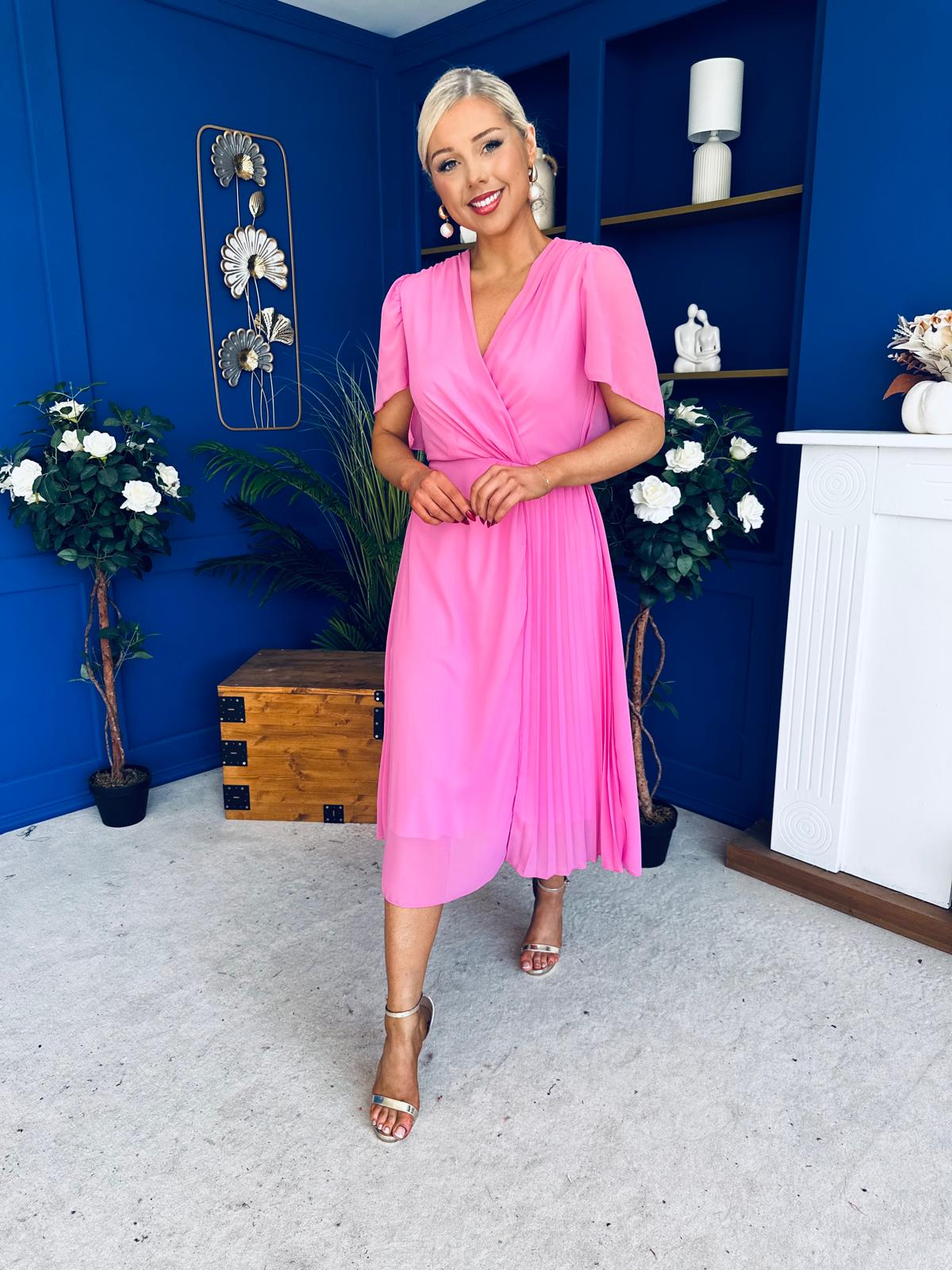 Mabel Pleat Detail Midi Dress Cerise