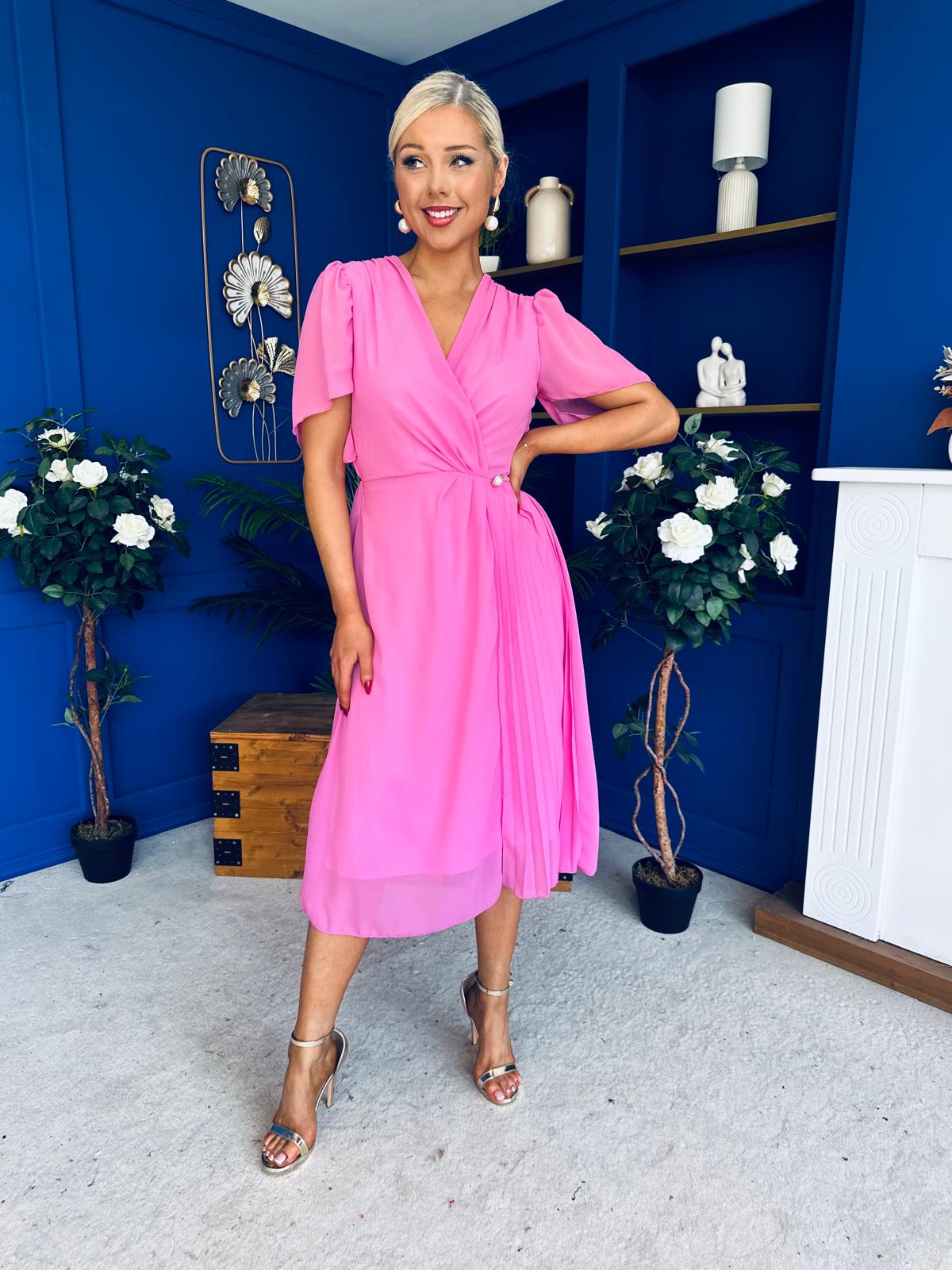 Mabel Pleat Detail Midi Dress Cerise