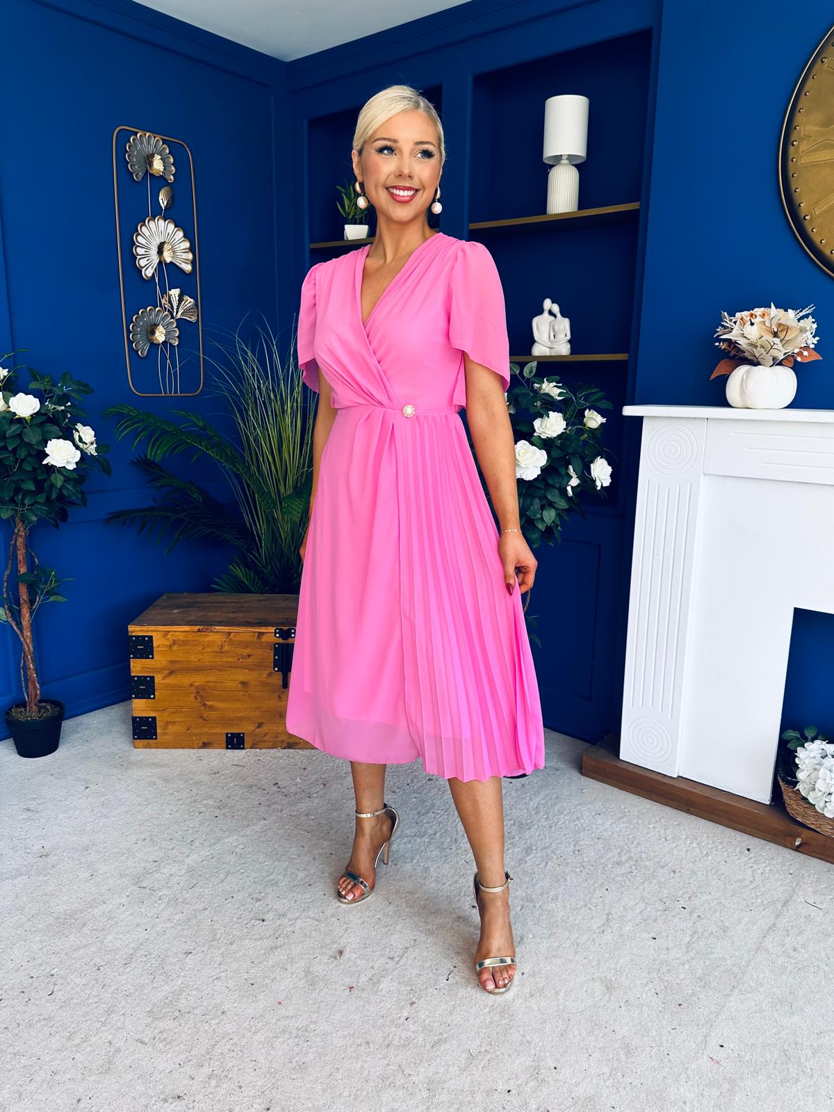 Mabel Pleat Detail Midi Dress Cerise