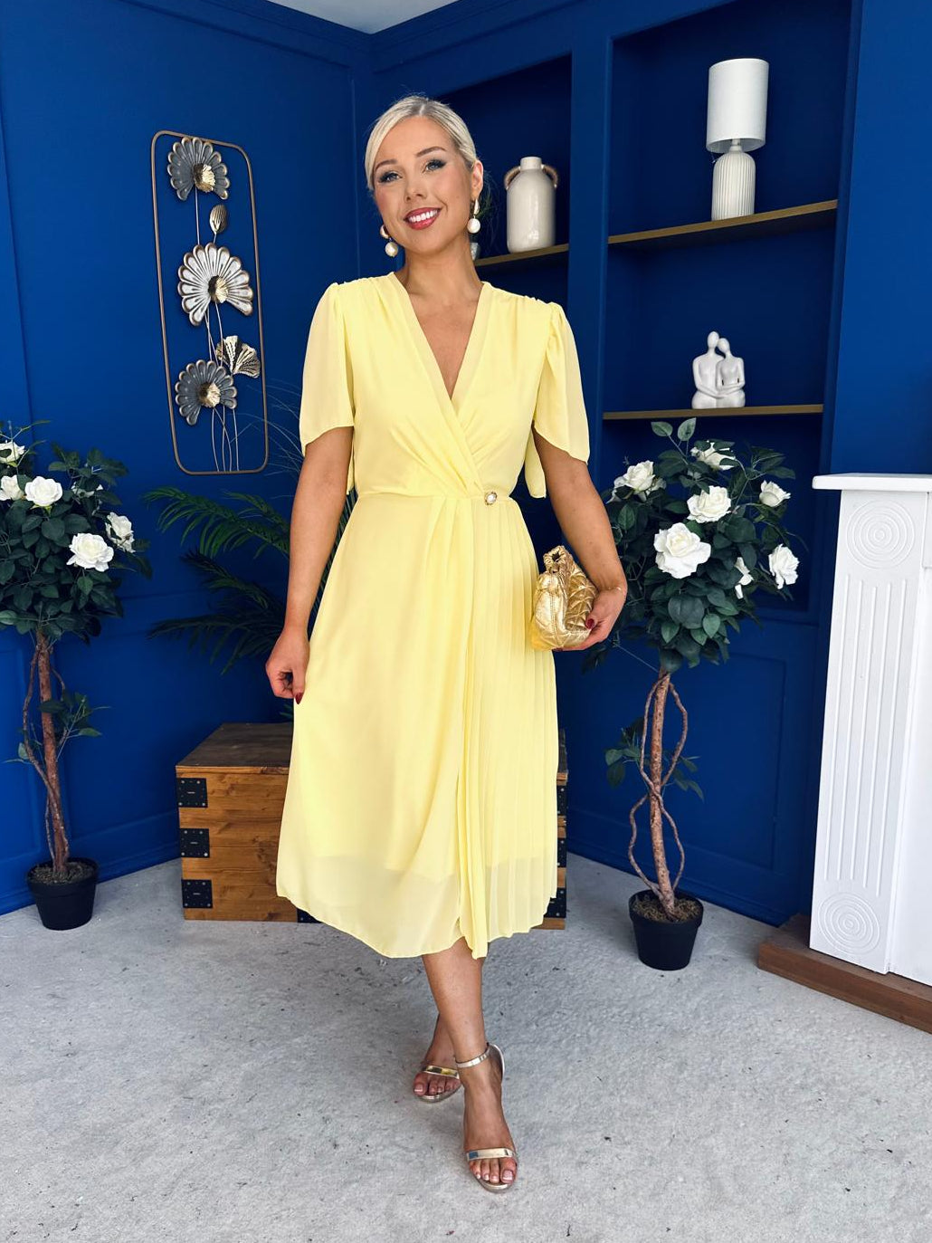 Mabel Pleat Detail Midi Dress Yellow