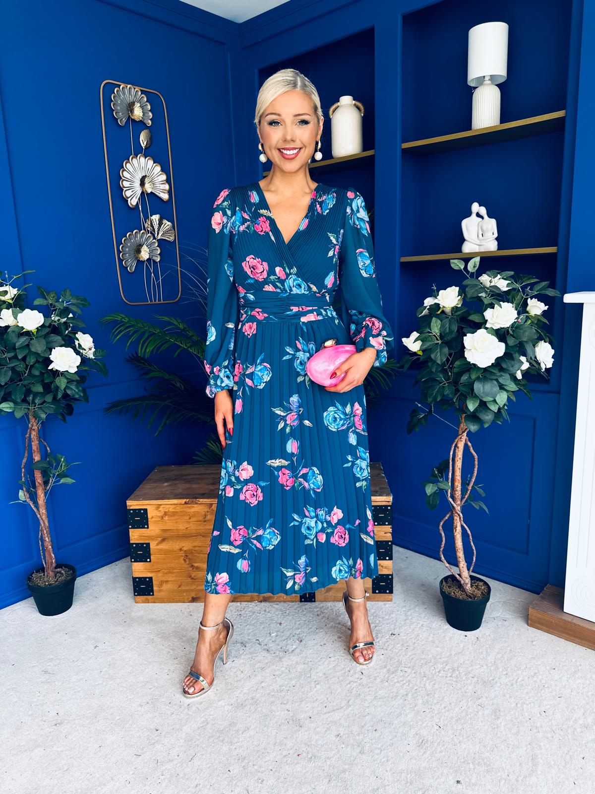 Blaithin Pleated Midi Dress Floral Midnight Blue