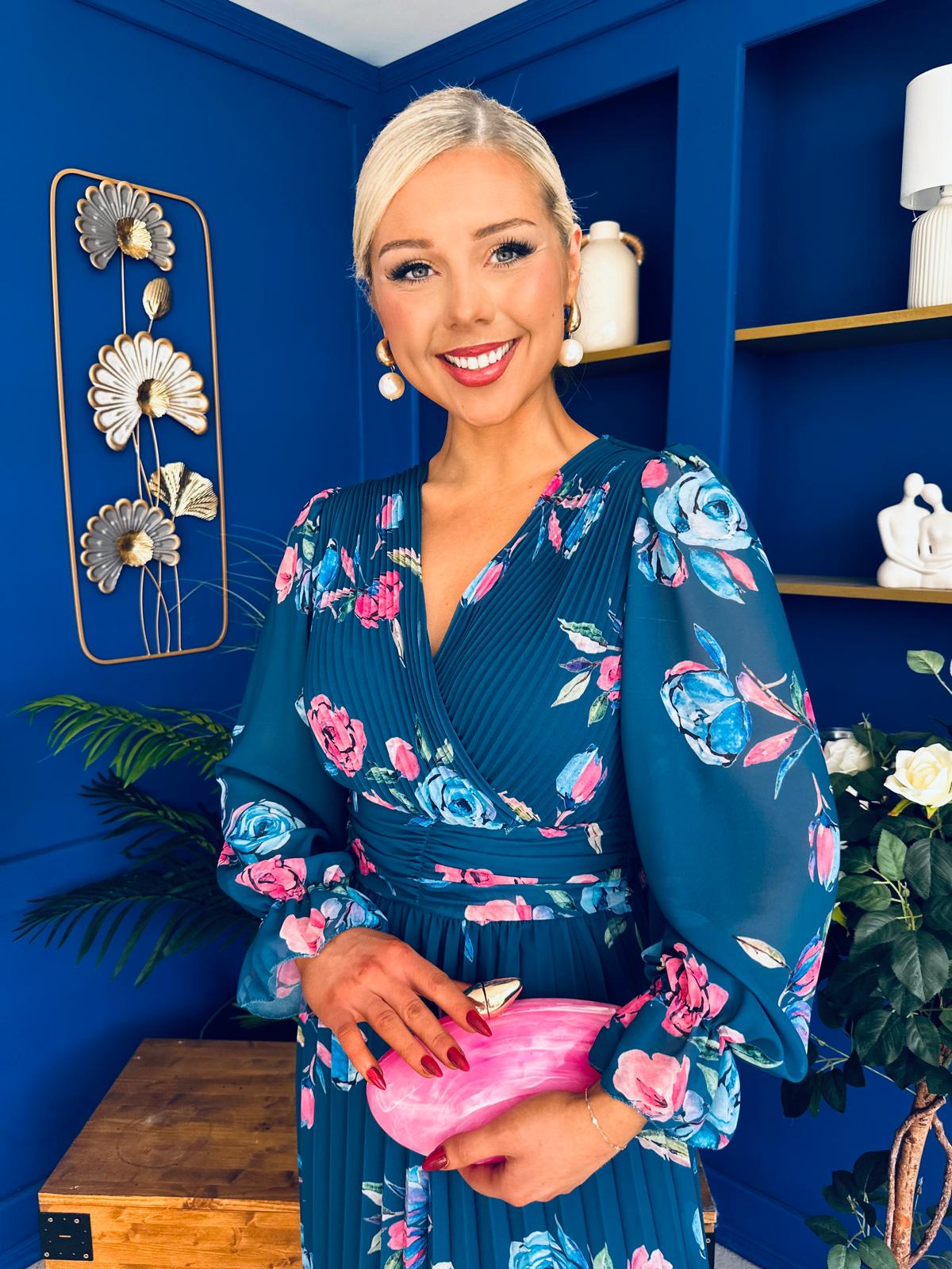 Blaithin Pleated Midi Dress Floral Midnight Blue