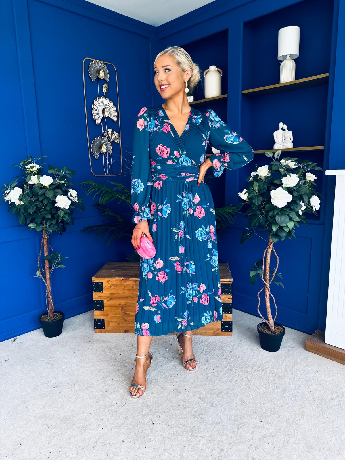 Blaithin Pleated Midi Dress Floral Midnight Blue