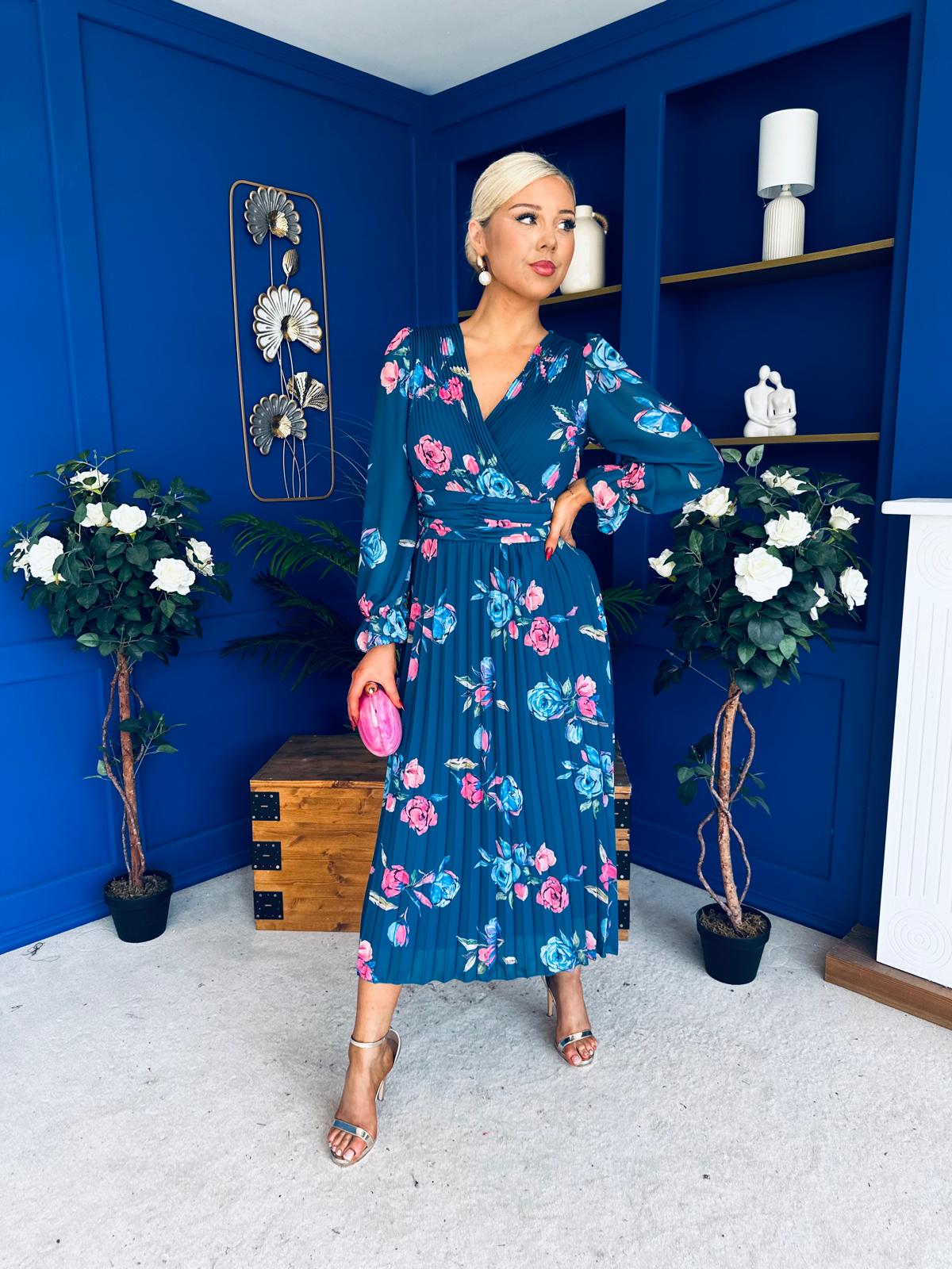 Blaithin Pleated Midi Dress Floral Midnight Blue