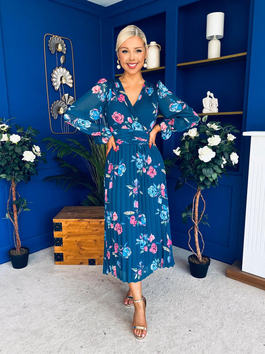 Blaithin Pleated Midi Dress Floral Midnight Blue