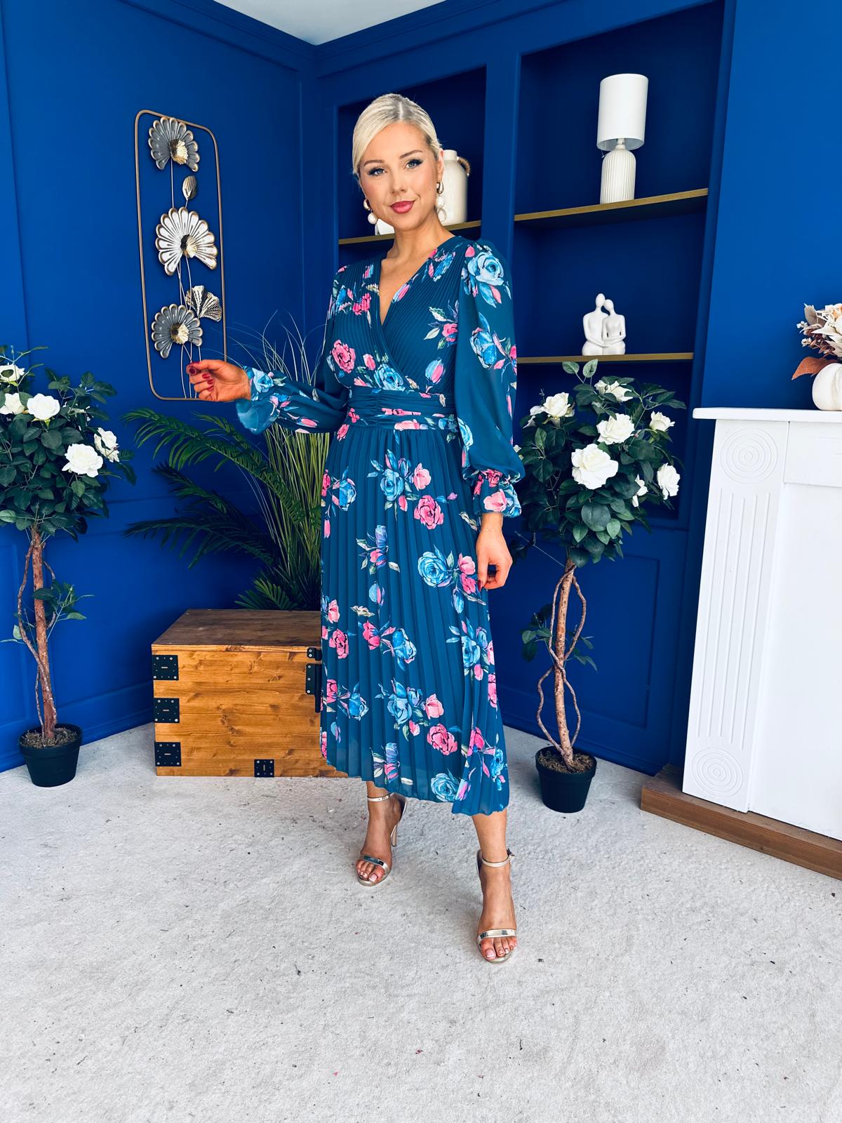 Blaithin Pleated Midi Dress Floral Midnight Blue