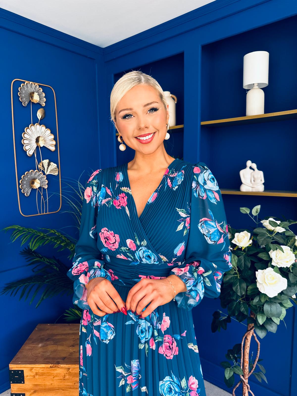 Blaithin Pleated Midi Dress Floral Midnight Blue