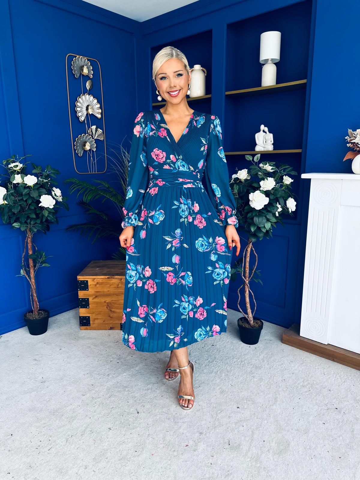 Blaithin Pleated Midi Dress Floral Midnight Blue
